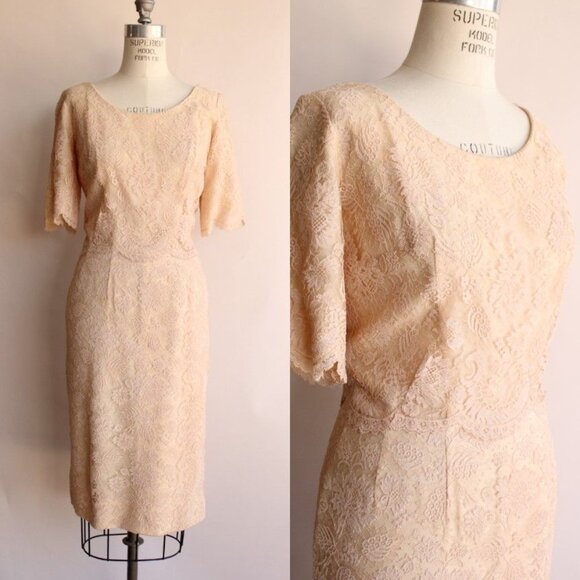Vintage Dresses & Skirts - Vintage 1960s Dress, Pink Illusion Lace Fluttery Open Back